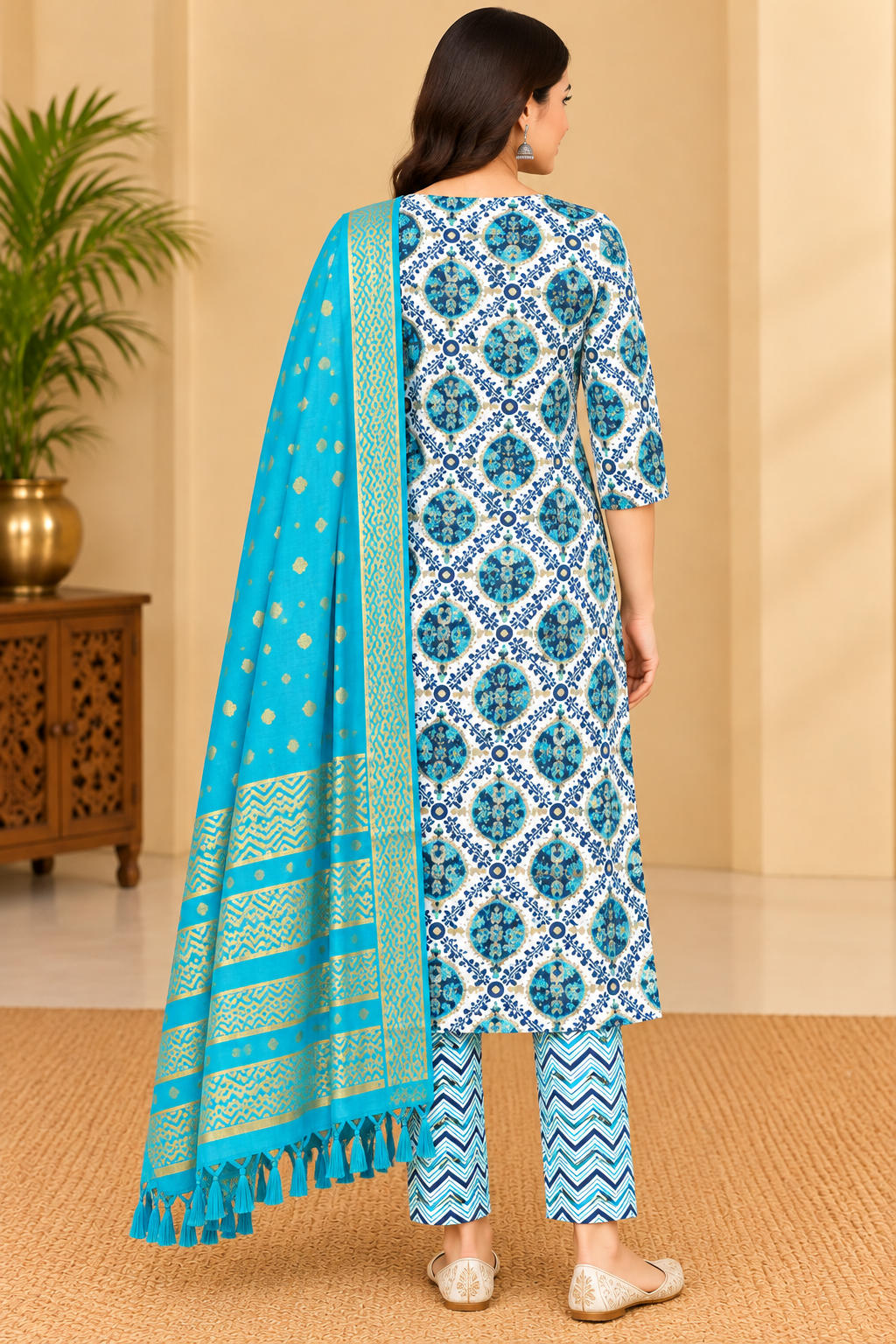 Women's Sky Blue & Turquoise Floral Printed Kurta Pant Set with Golden Zari Dupatta image 3