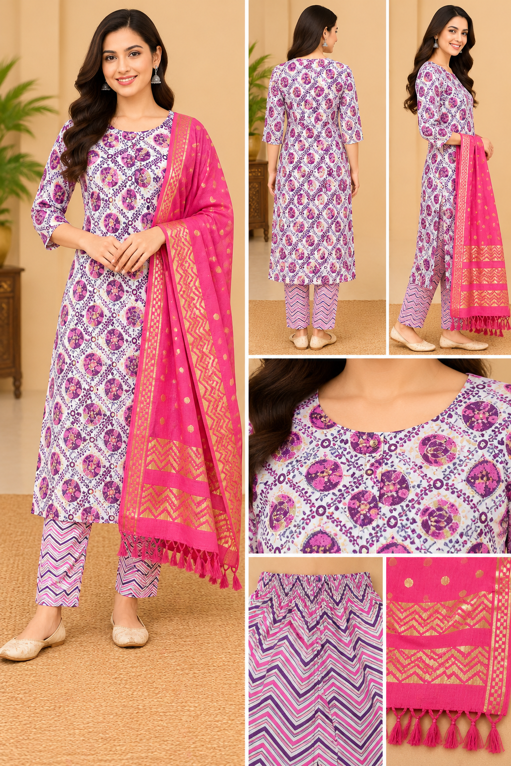 Women's White & Purple Floral Printed Kurta Pant Set with Pink Dupatta
