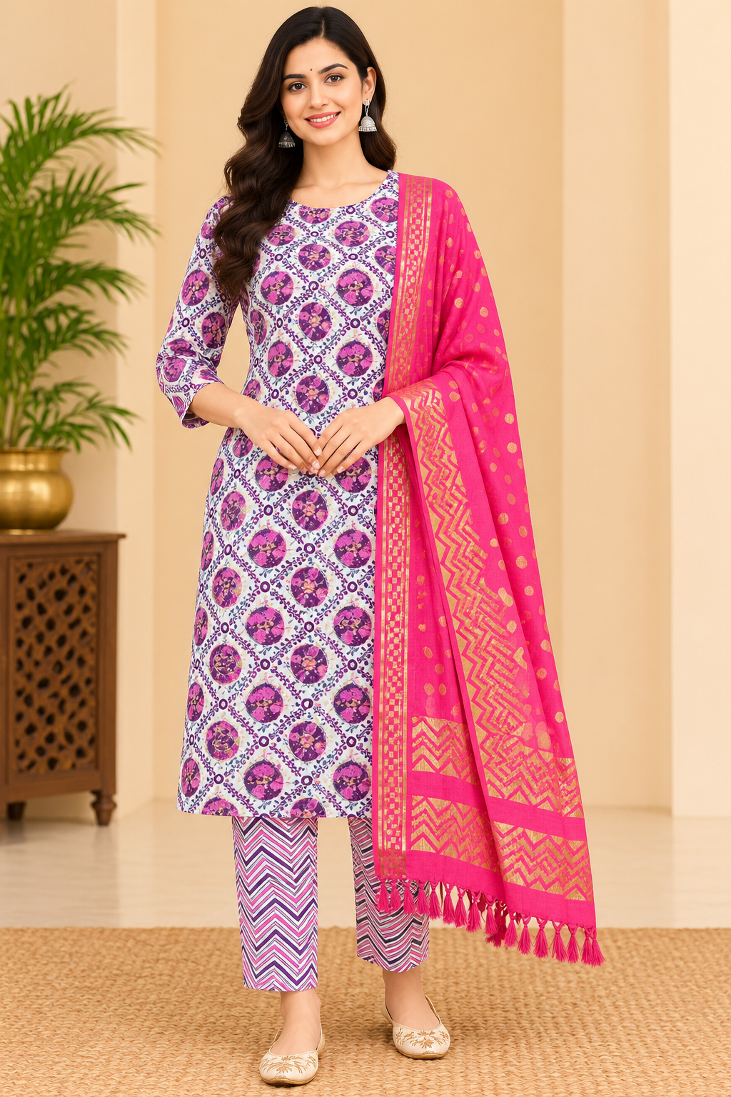 Women's White & Purple Floral Printed Kurta Pant Set with Pink Dupatta image 2