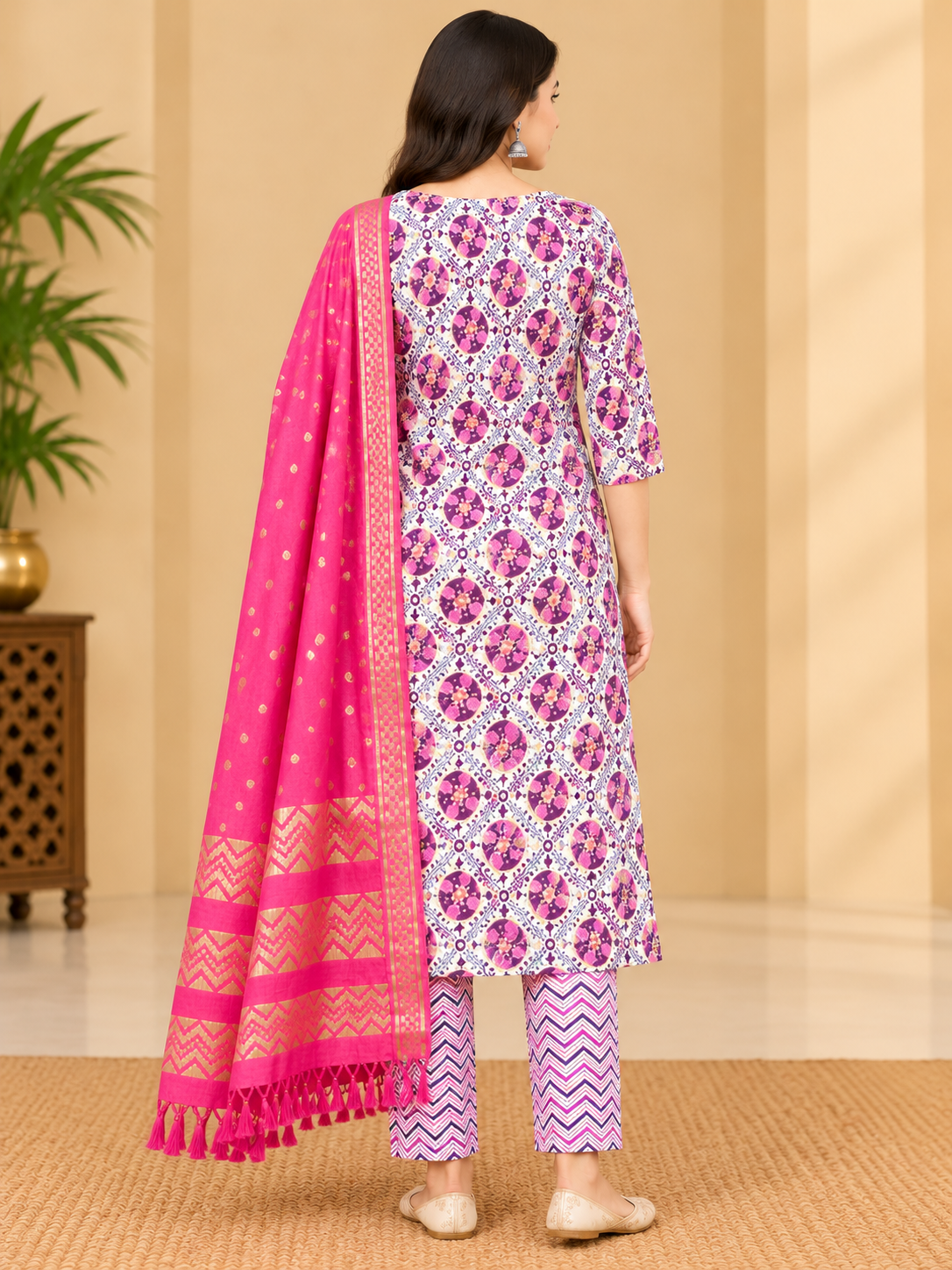 Women's White & Purple Floral Printed Kurta Pant Set with Pink Dupatta image 3