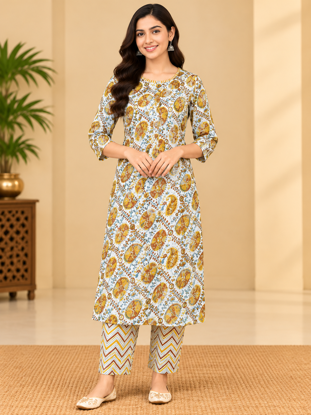 Women's Cream & Mustard Paisley Printed Kurta Pant Set with Dupatta image 2