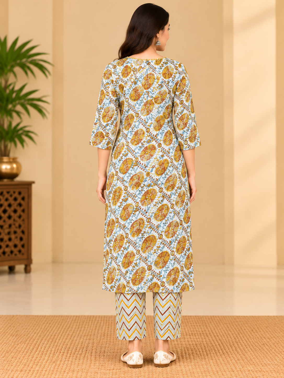 Women's Cream & Mustard Paisley Printed Kurta Pant Set with Dupatta image 3