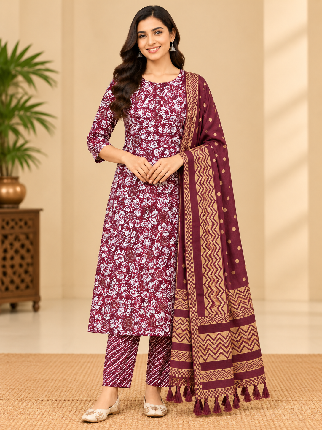 Maroon Floral Printed Kurta Pant Set with Dupatta for Women image 2