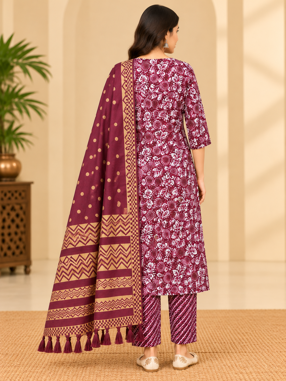 Maroon Floral Printed Kurta Pant Set with Dupatta for Women image 3