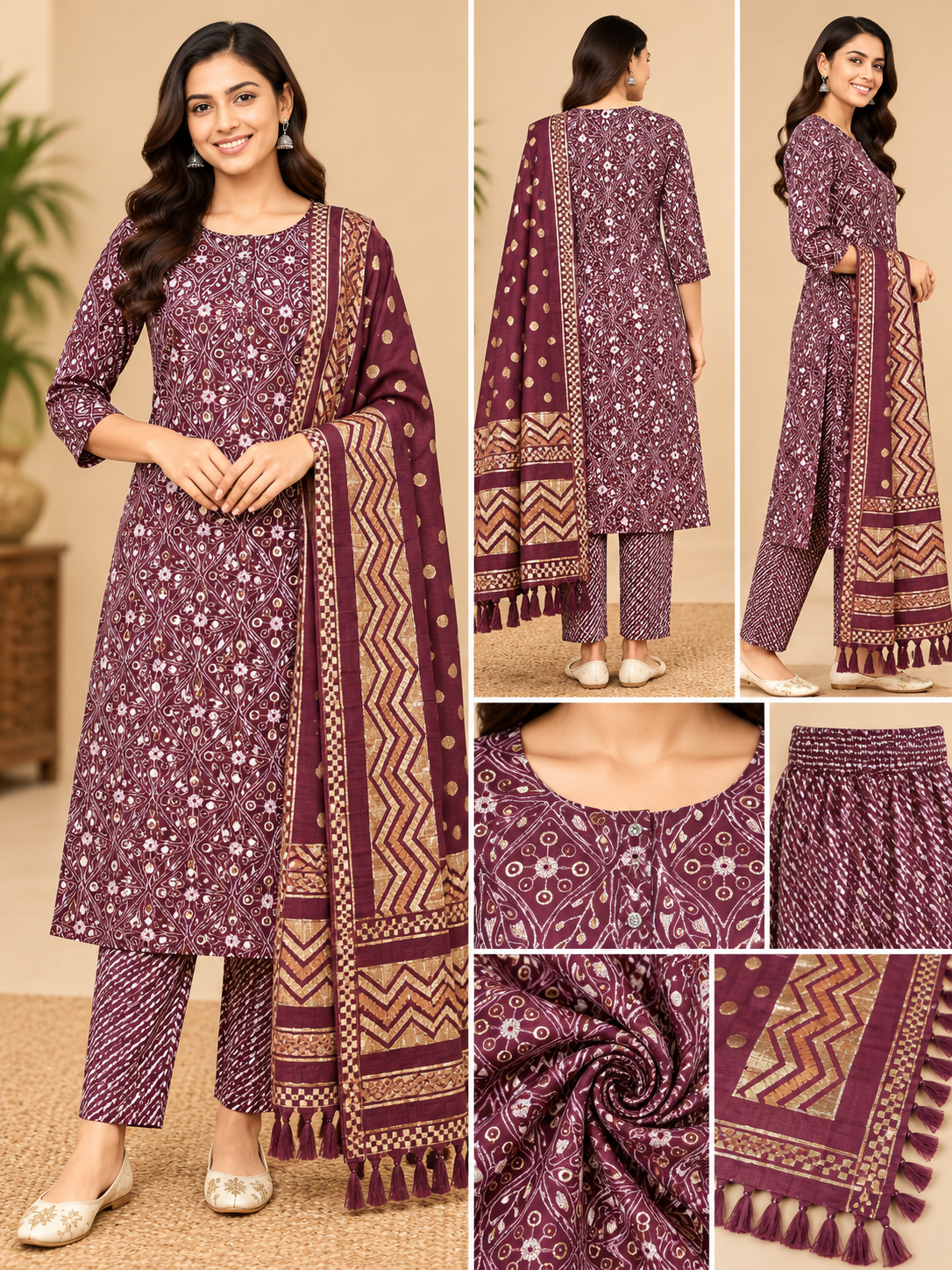 Wine Maroon Printed Kurta Pant Set with Dupatta for Women