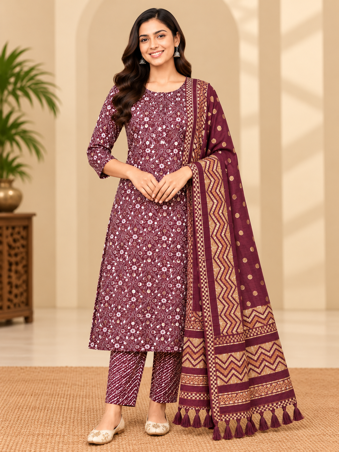 Wine Maroon Printed Kurta Pant Set with Dupatta for Women image 2