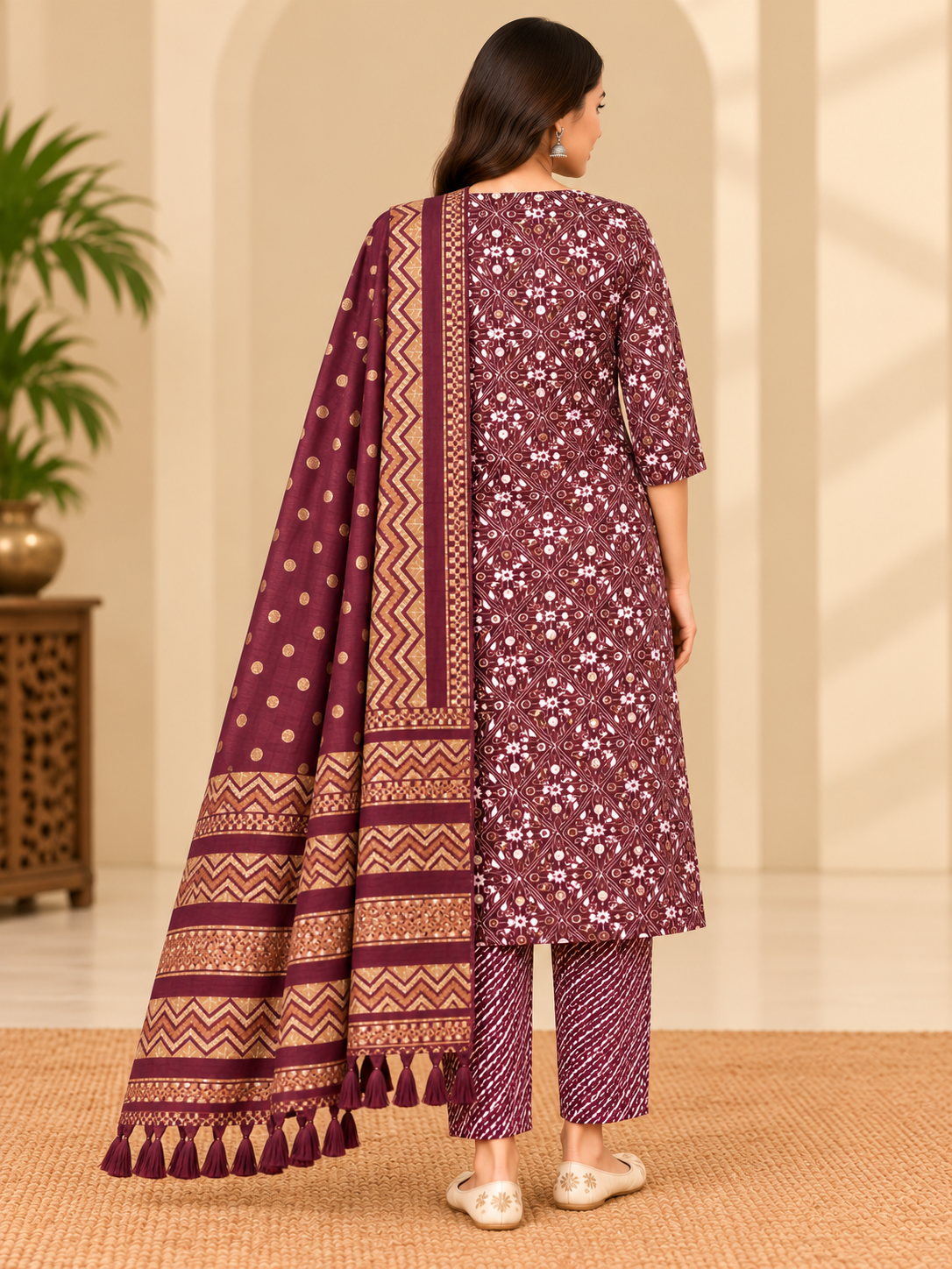 Wine Maroon Printed Kurta Pant Set with Dupatta for Women image 3