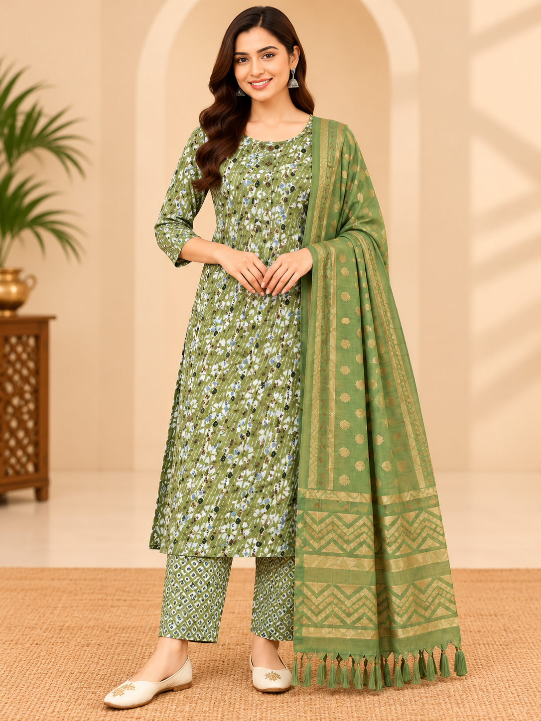 Women's Olive Green Printed Kurta Pant Set with Dupatta image 2