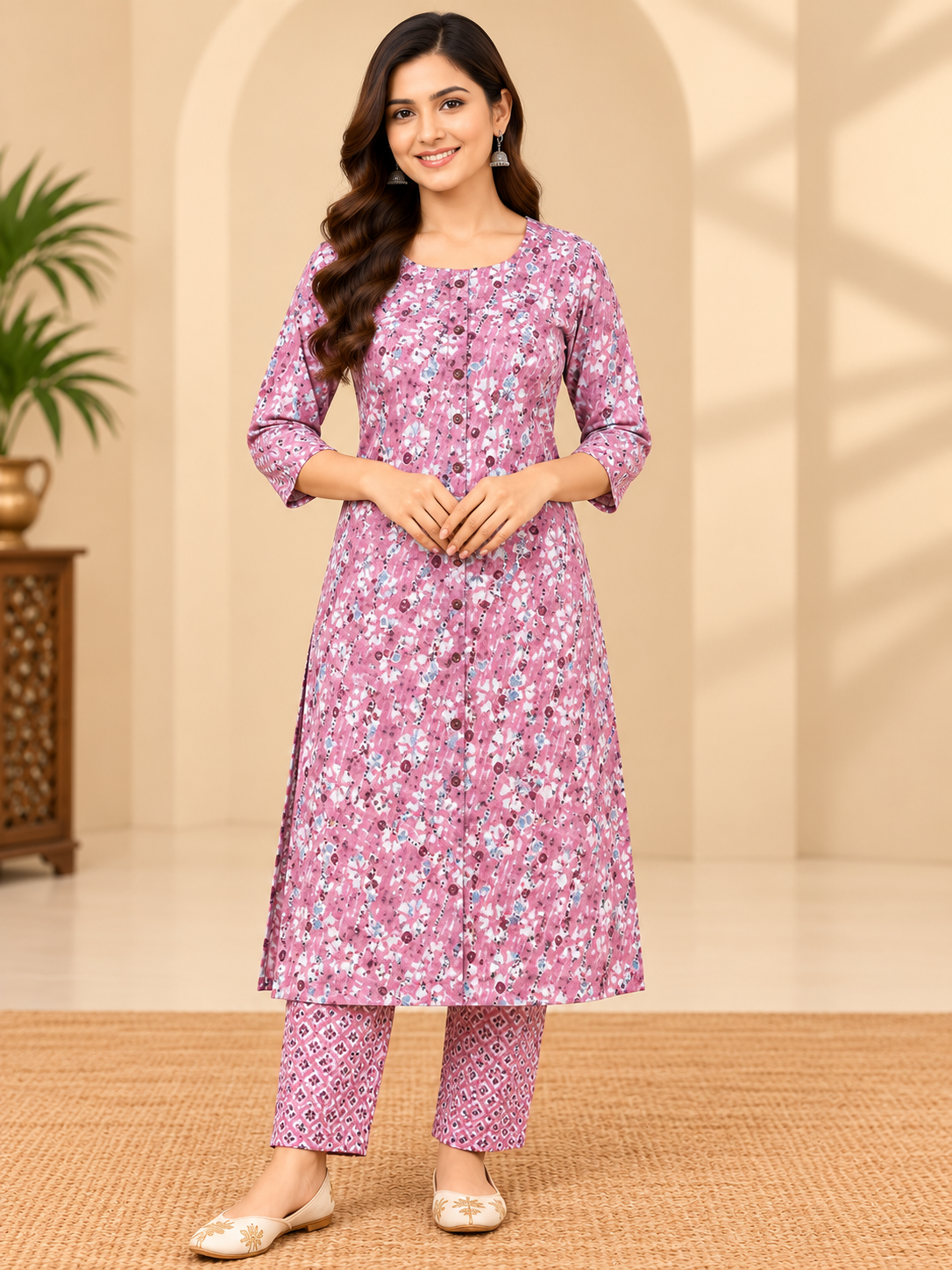 Dusty Pink Floral Printed Kurta Pant Set for Women image 2