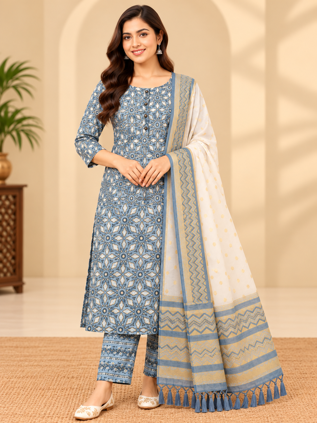 Slate Blue Printed Kurta Pant Set with Dupatta for Women image 2