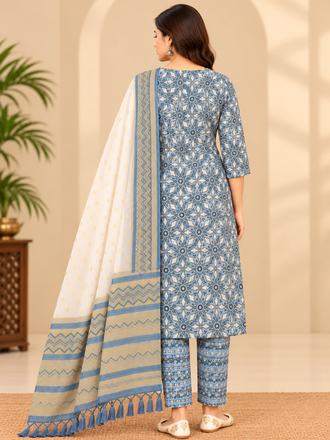 Slate Blue Printed Kurta Pant Set with Dupatta for Women image 3