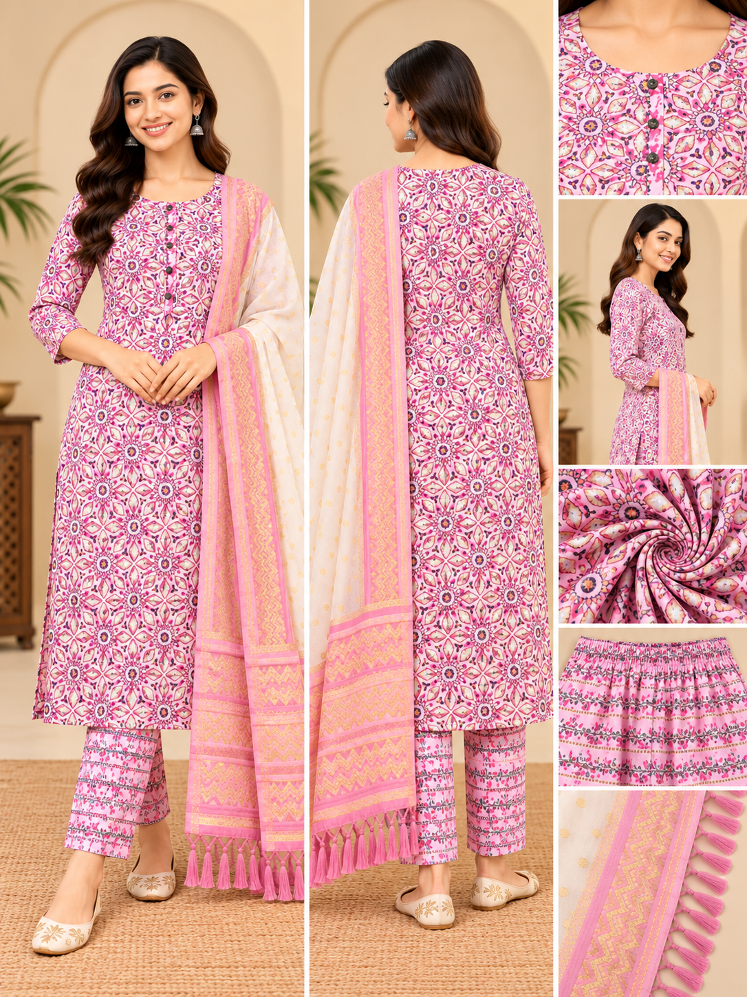 Pink Printed Kurta Pant Set with Dupatta for Women