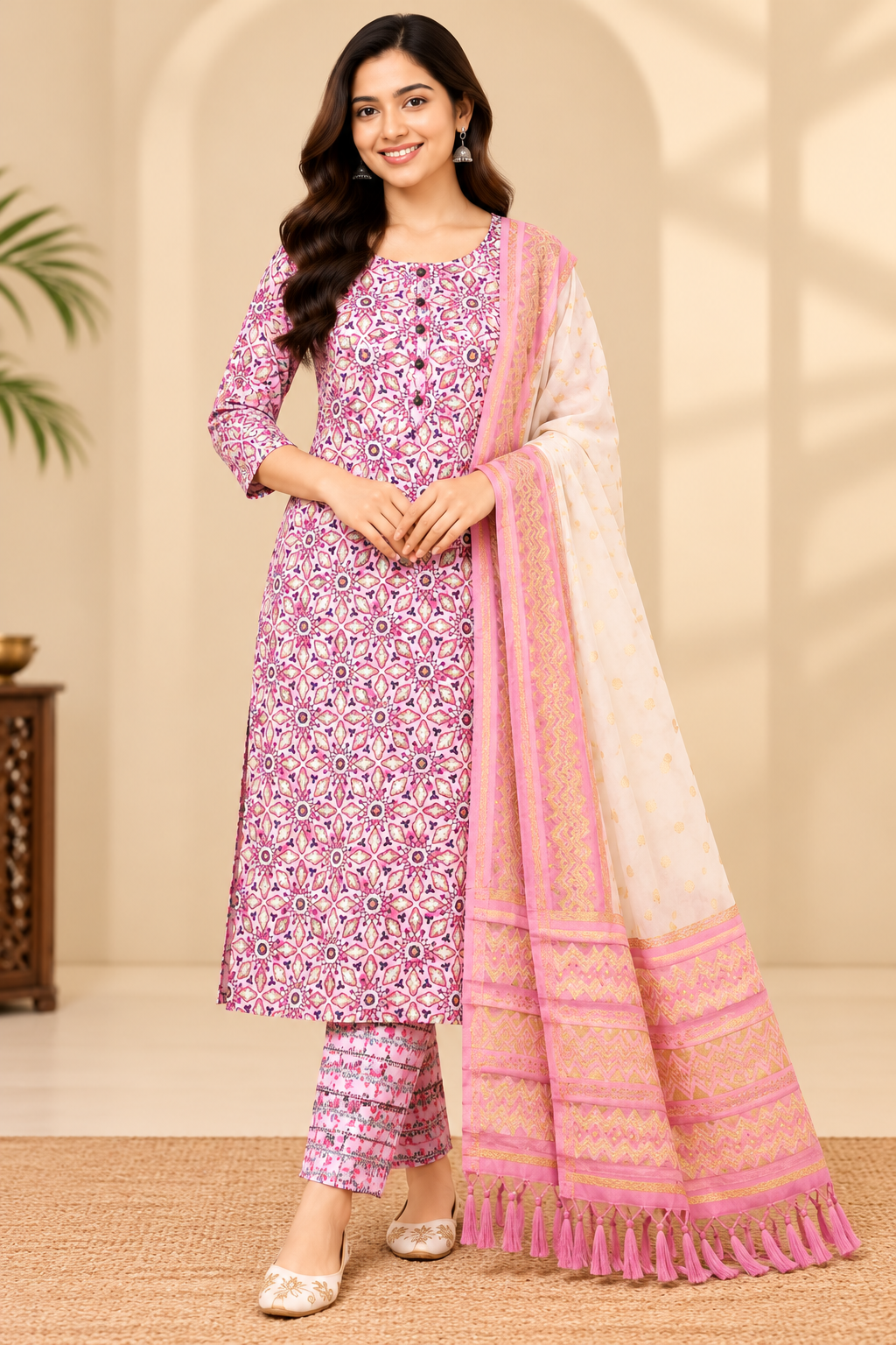 Pink Printed Kurta Pant Set with Dupatta for Women image 2
