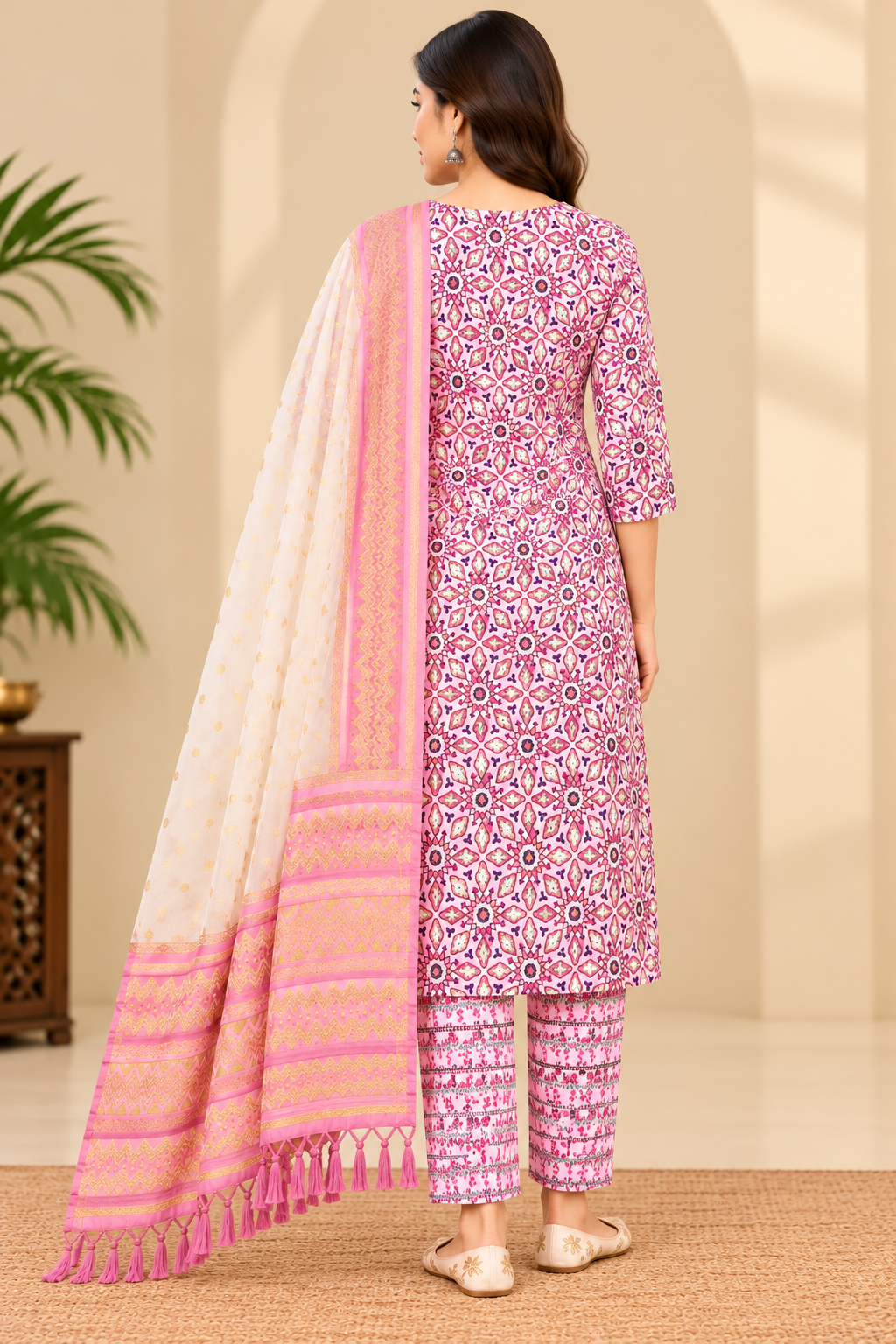 Pink Printed Kurta Pant Set with Dupatta for Women image 3
