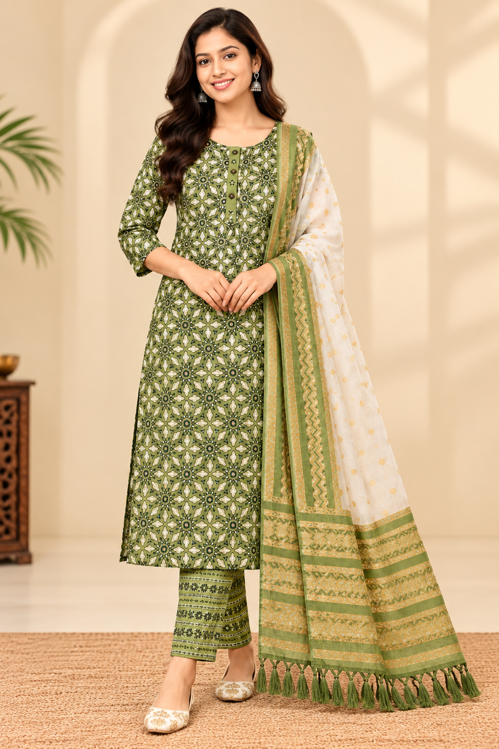 Olive Green Printed Kurta Pant Set with Dupatta for Women image 2