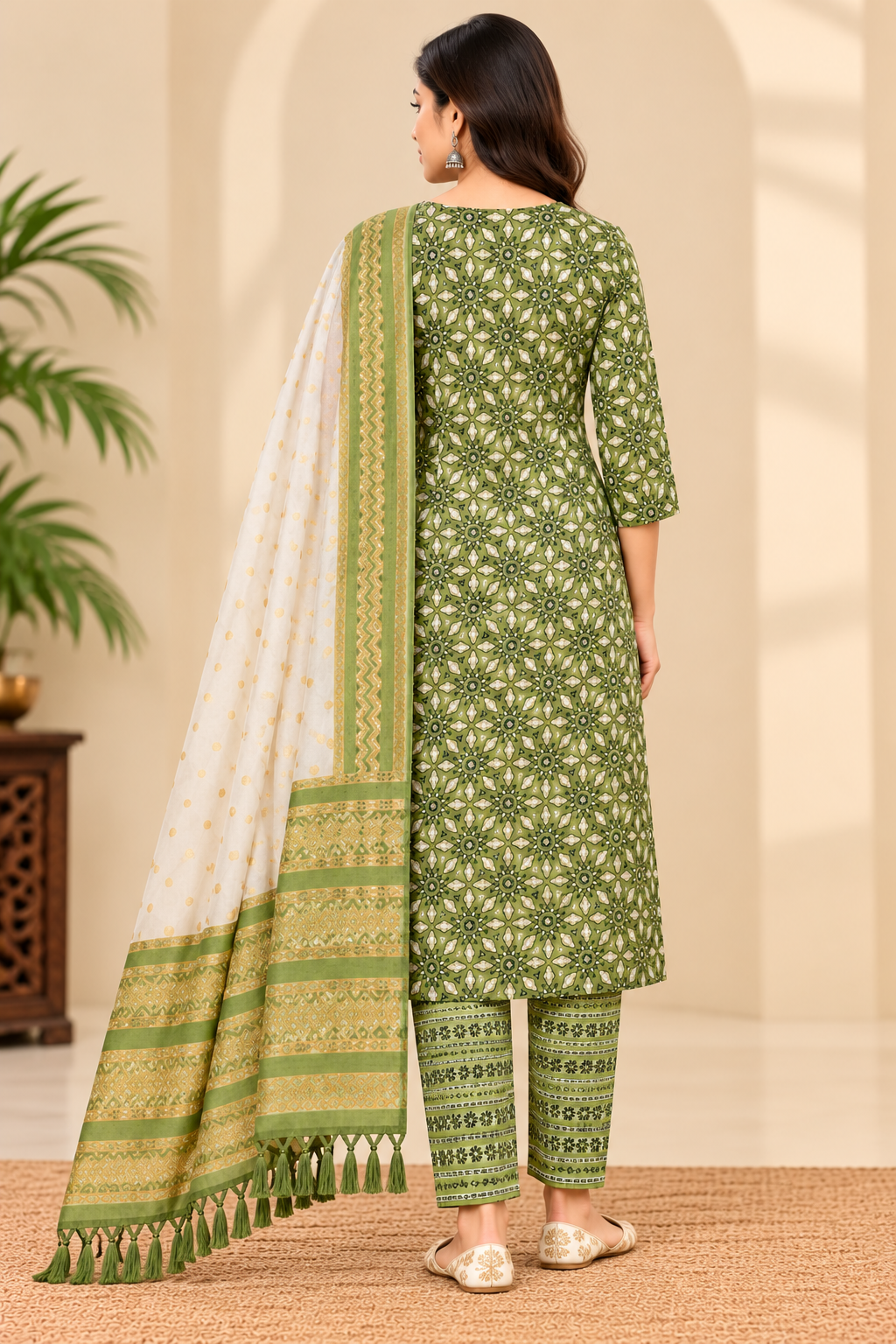 Olive Green Printed Kurta Pant Set with Dupatta for Women image 3