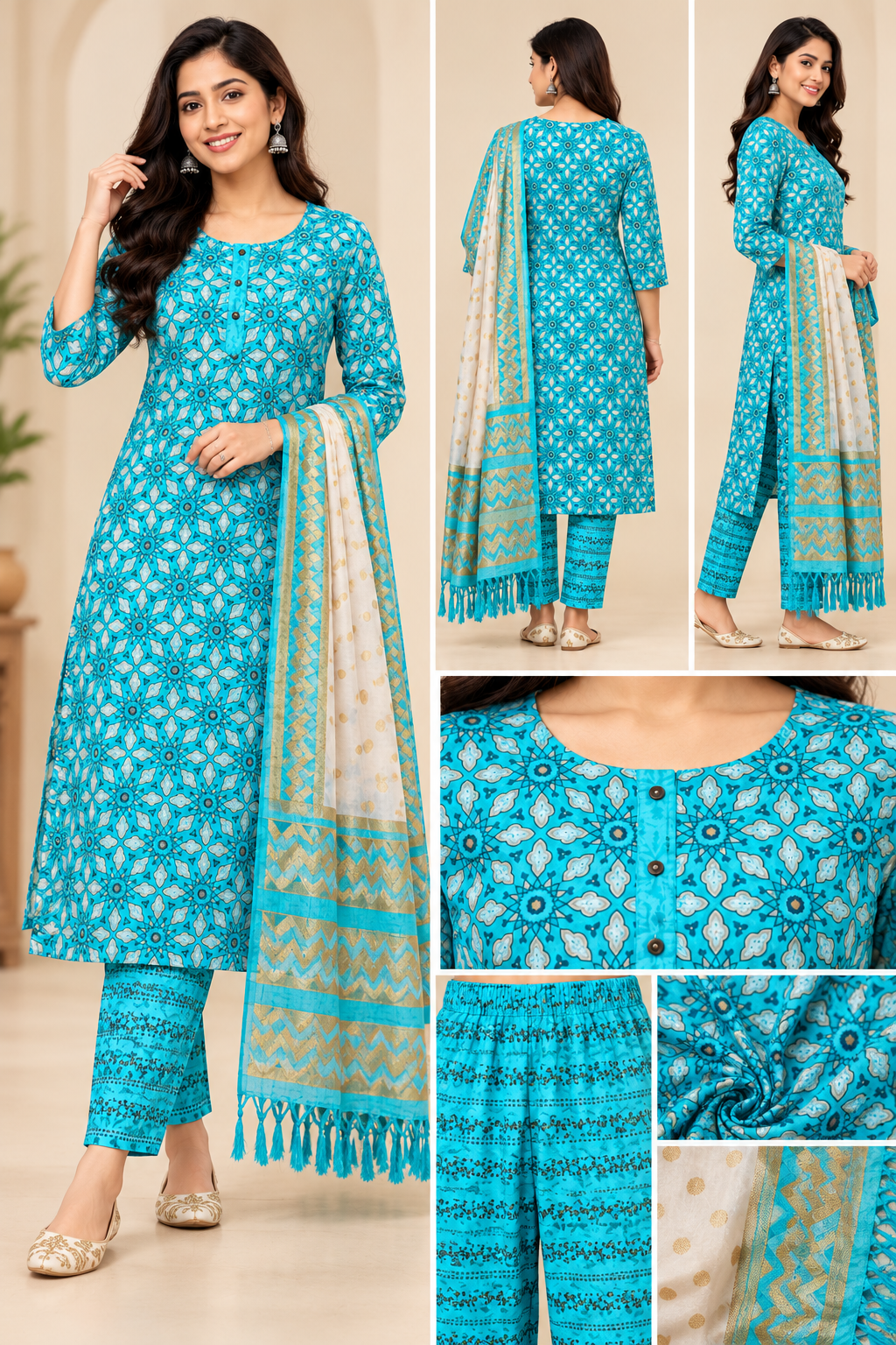 Turquoise Blue Printed Kurta Pant Set with Dupatta for Women