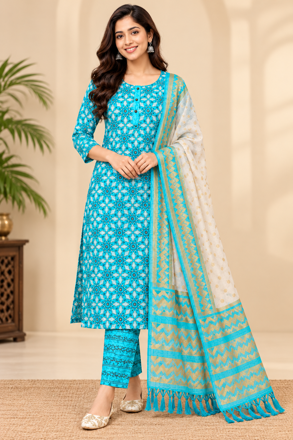 Turquoise Blue Printed Kurta Pant Set with Dupatta for Women image 2