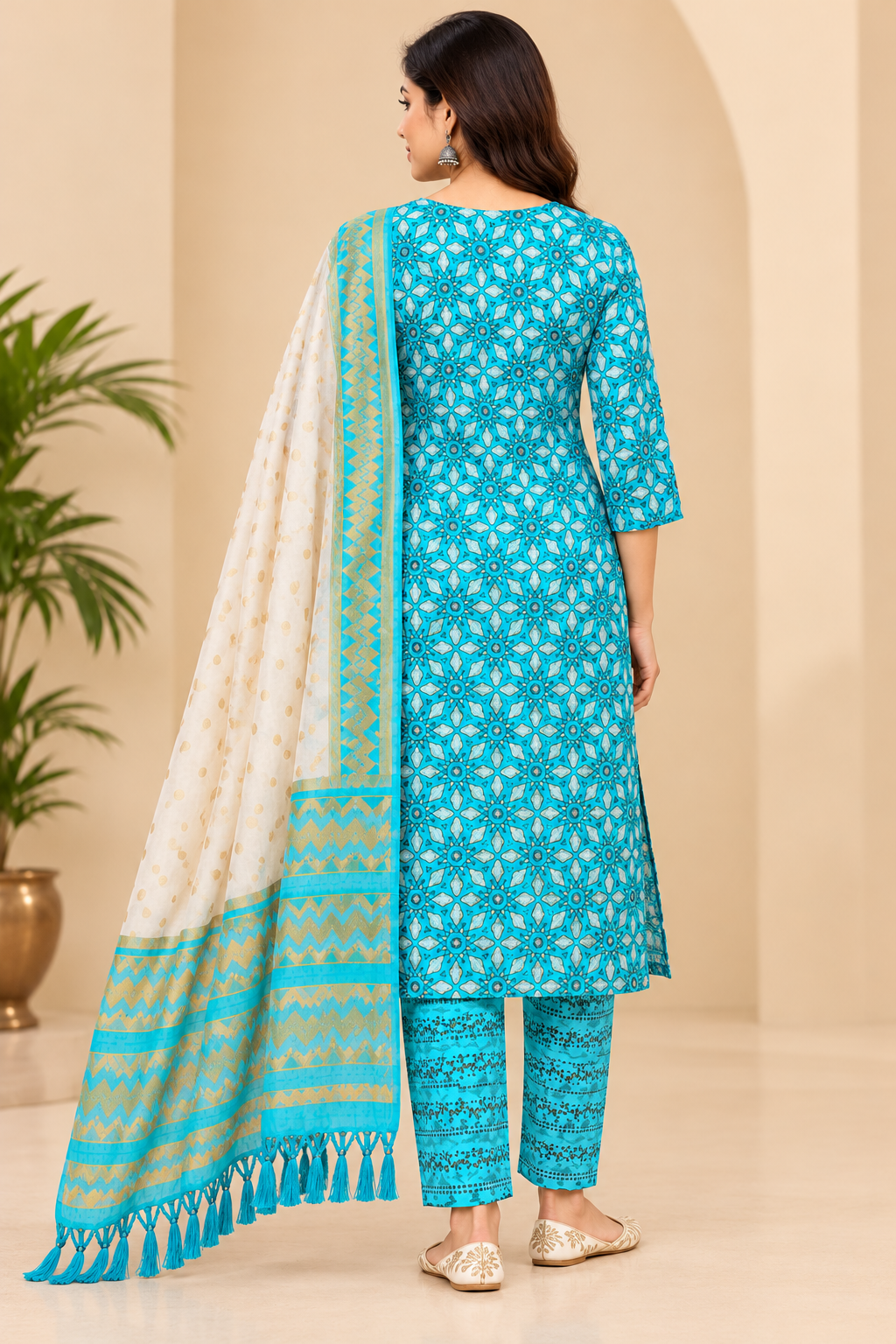 Turquoise Blue Printed Kurta Pant Set with Dupatta for Women image 3