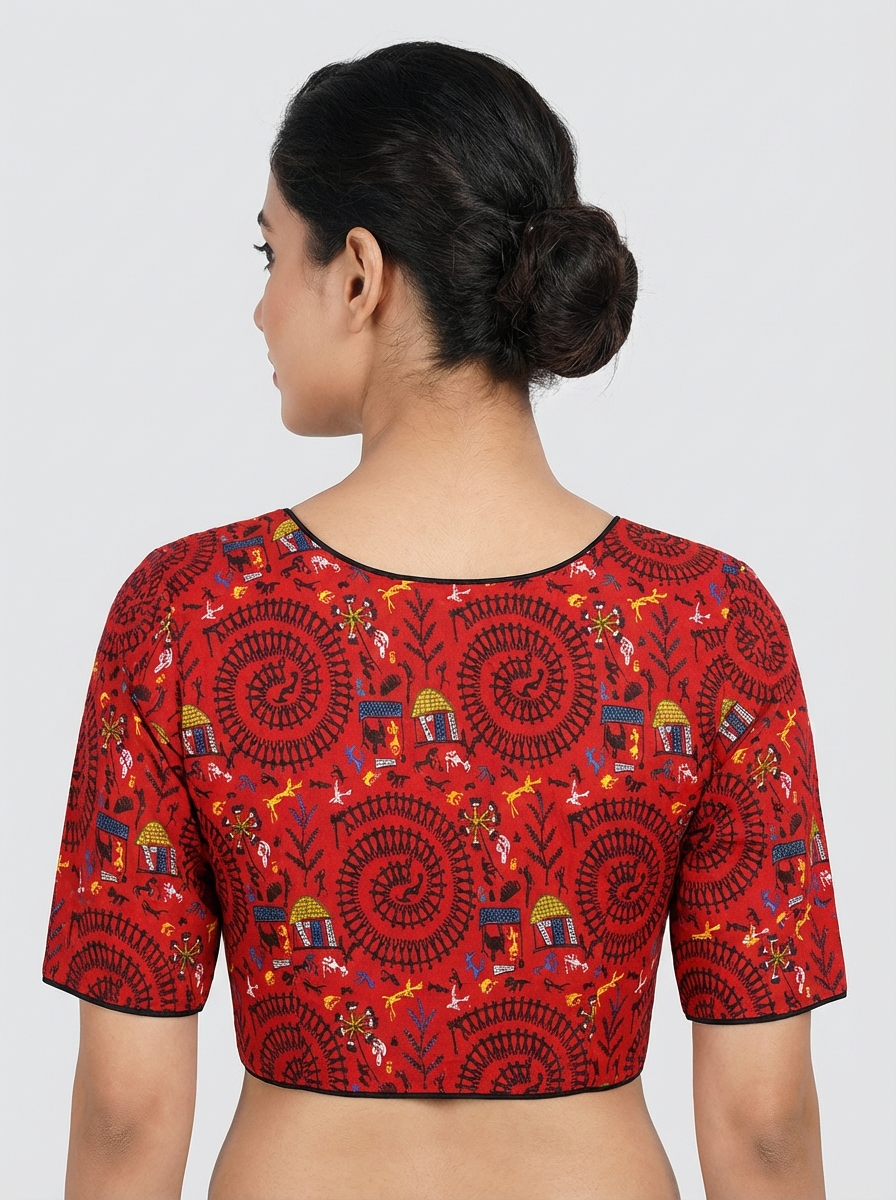 Red Madhubani Print Cotton Blouse