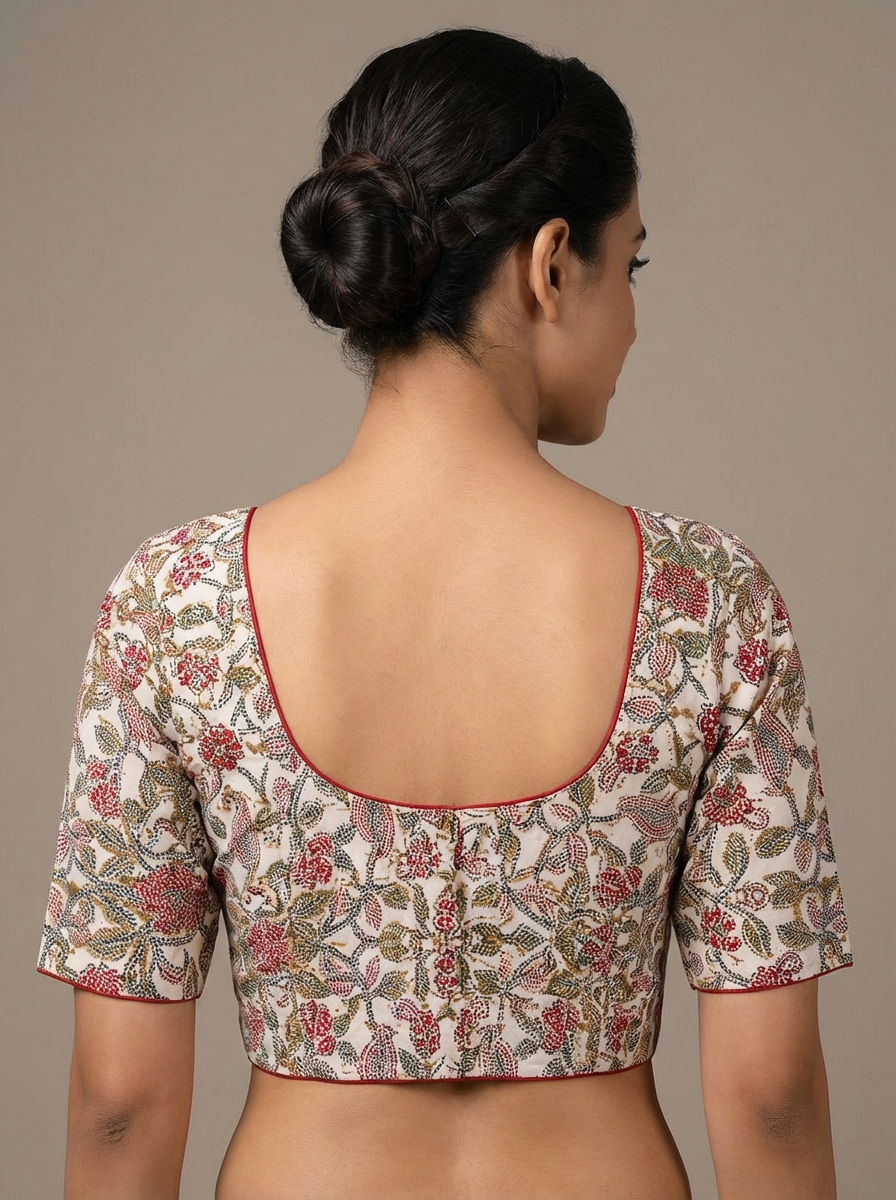 White Kantha Print Cotton Blouse