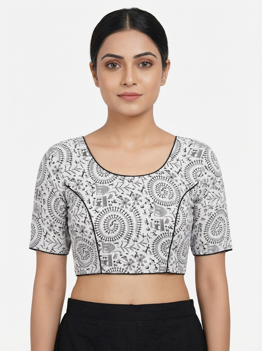 White Madhubani Print Cotton Blouse