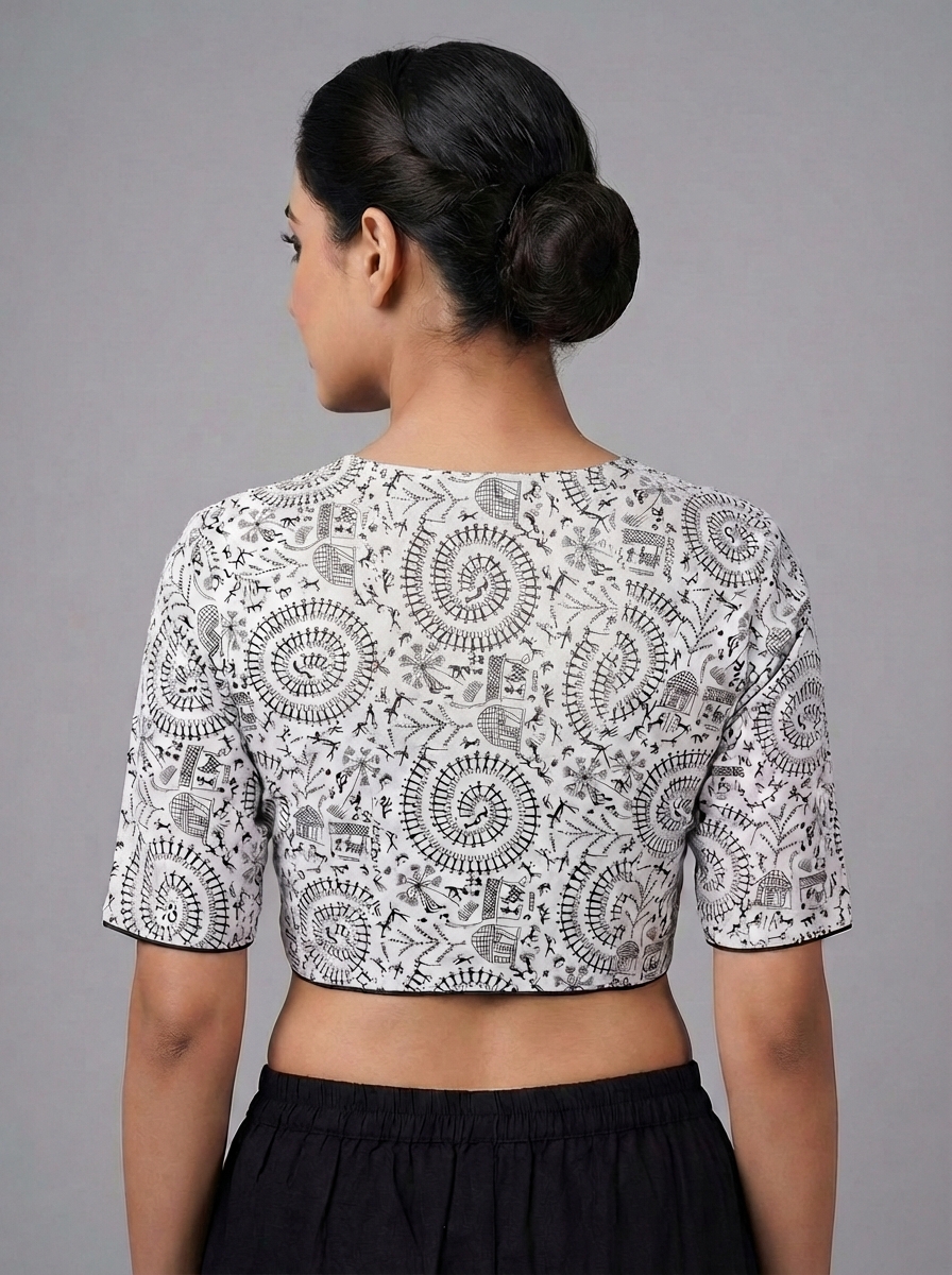 White Madhubani Print Cotton Blouse